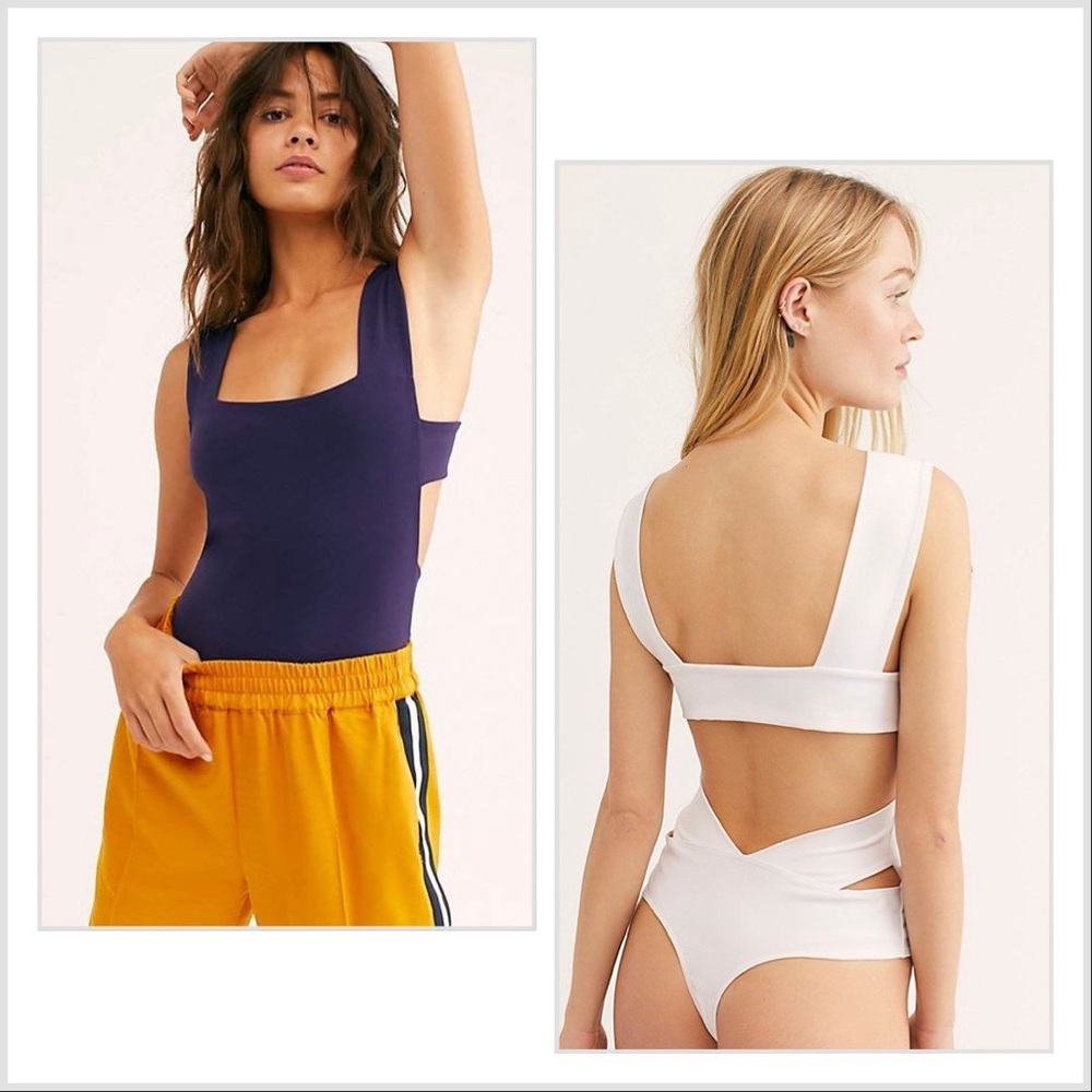 Pair of Free People Oh She’s Strappy Cutout Bodysuits in White and Navy / Purple